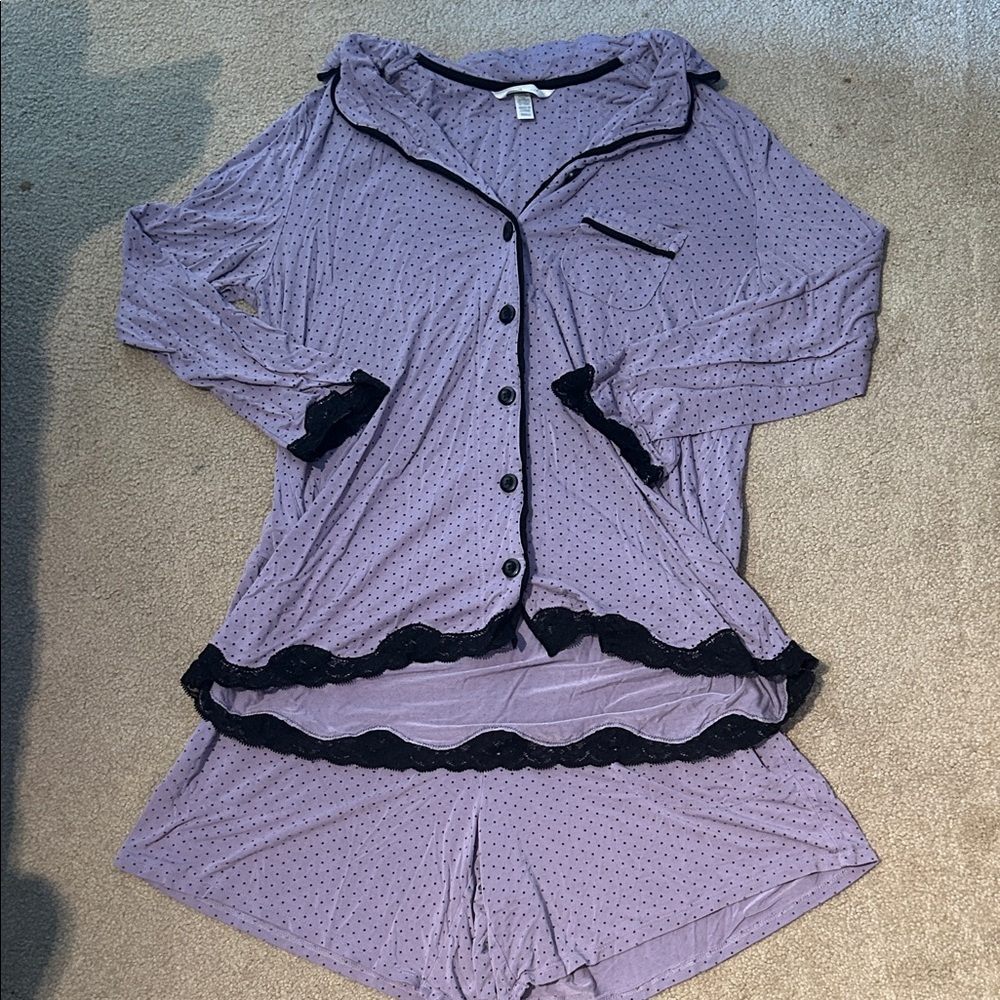 Soma Lavender Polka Dot Pajama Set with Black Lace
